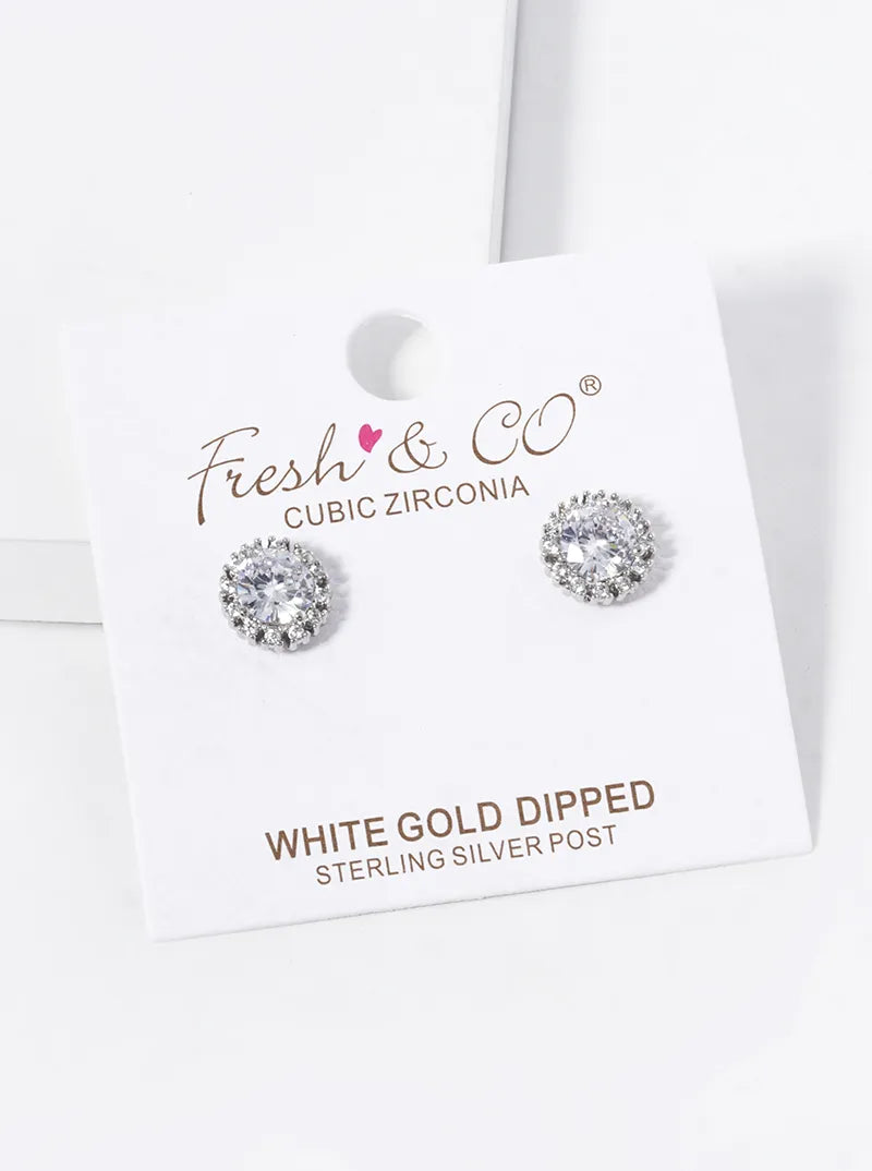 White Gold Dipped CZ Pave Round Stud Earrings