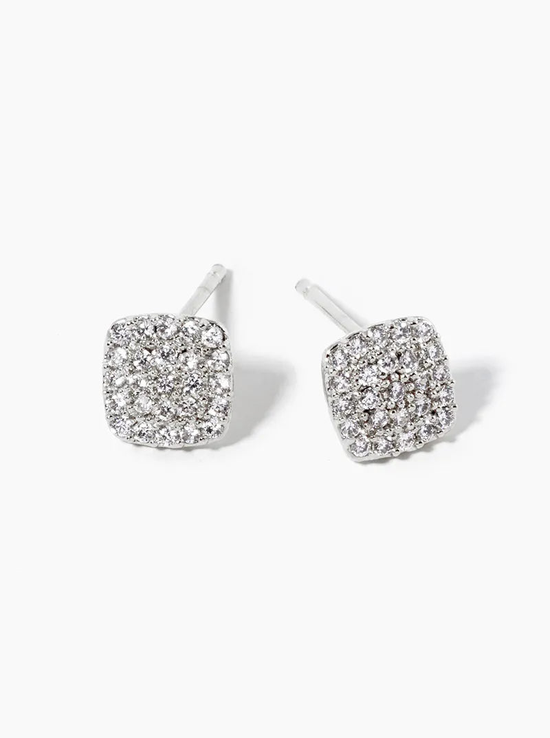 White Gold Dipped CZ Pave Rounded Square Post Stud Earrings