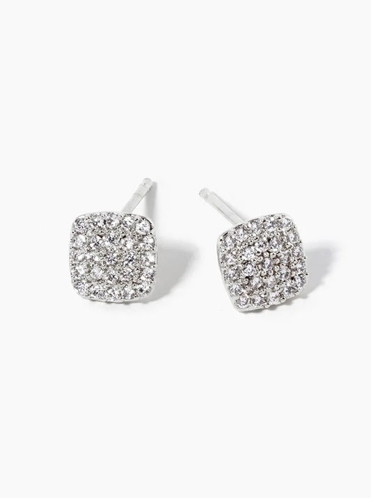 White Gold Dipped CZ Pave Rounded Square Post Stud Earrings