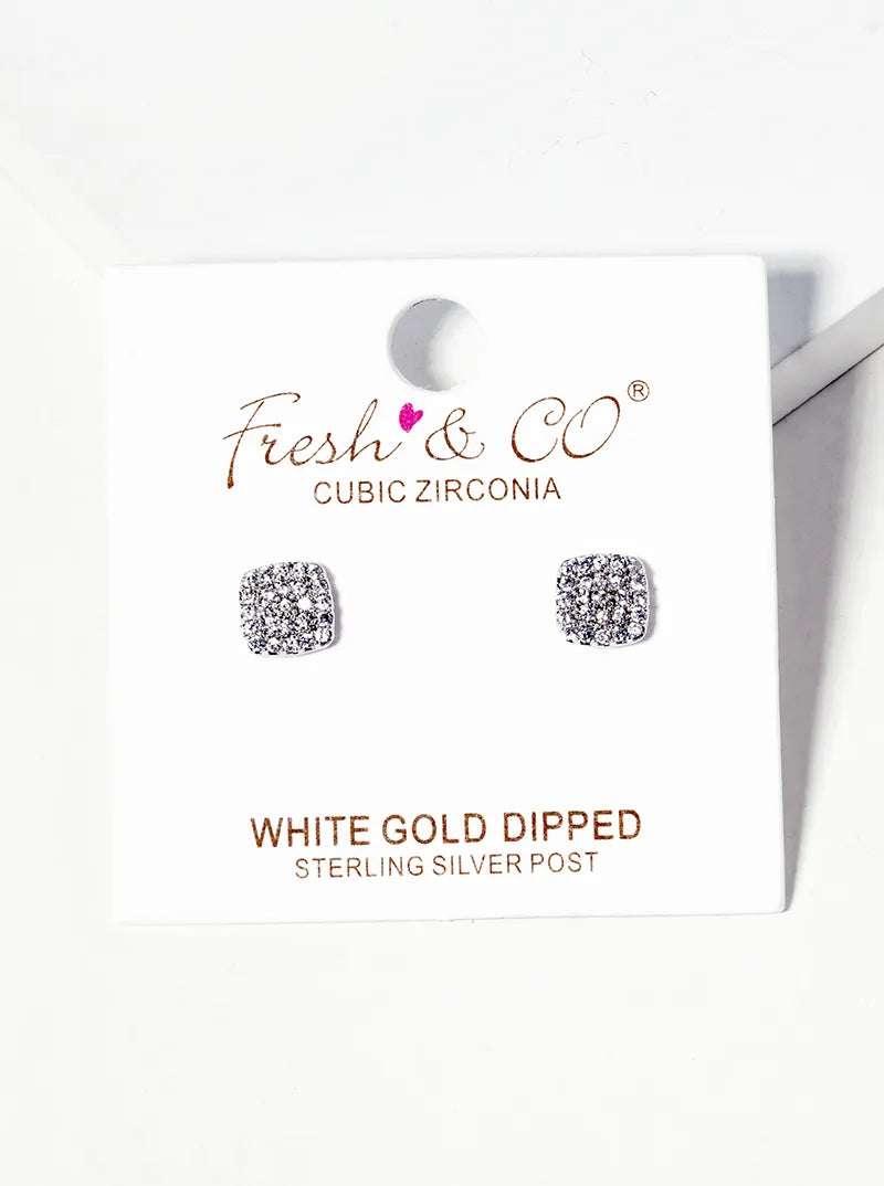White Gold Dipped CZ Pave Rounded Square Post Stud Earrings