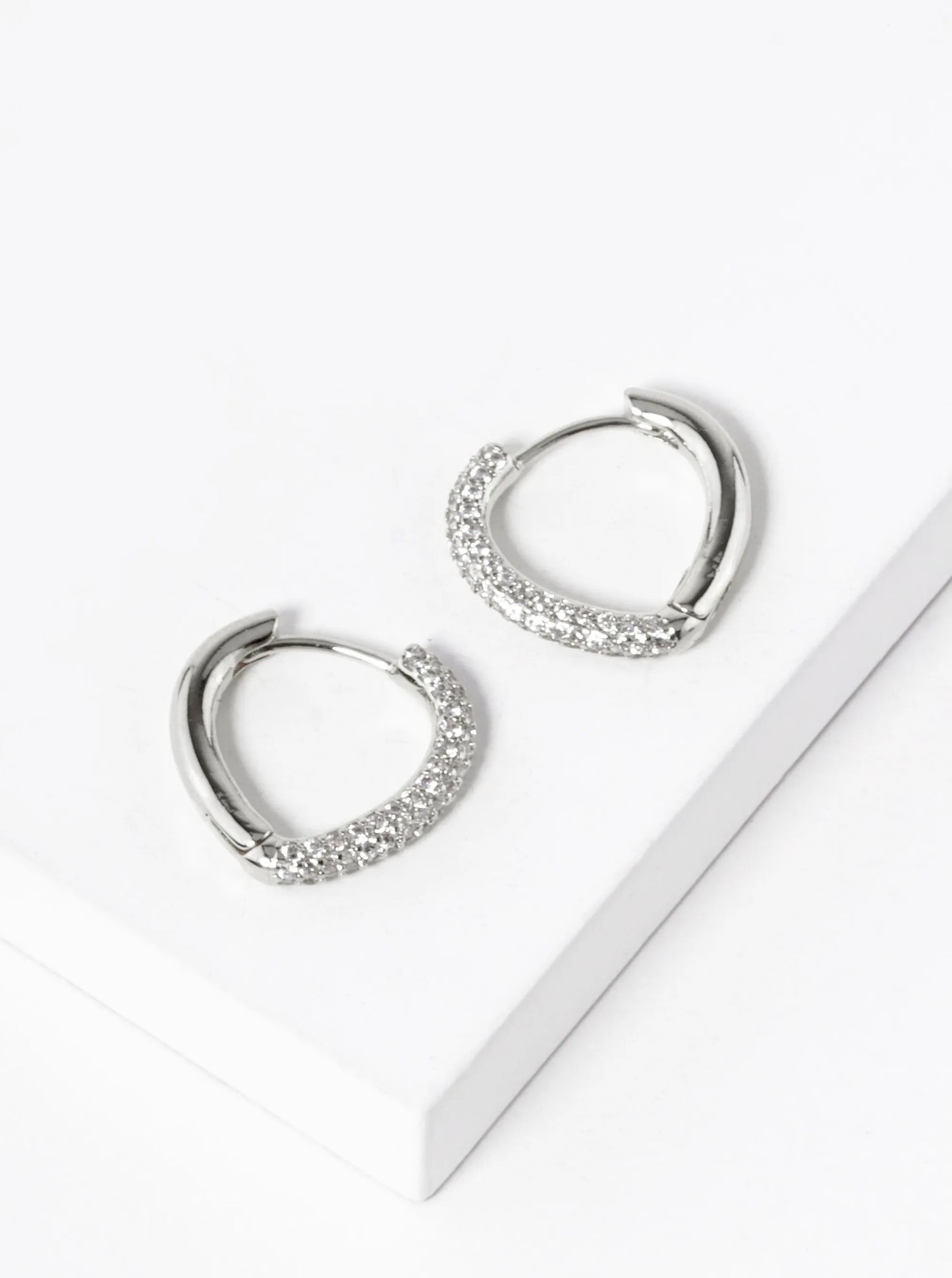White Gold Dipped CZ Pave Rounded Triangle Shape 15mm Huggie Hoop Earrings