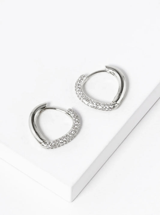 White Gold Dipped CZ Pave Rounded Triangle Shape 15mm Huggie Hoop Earrings
