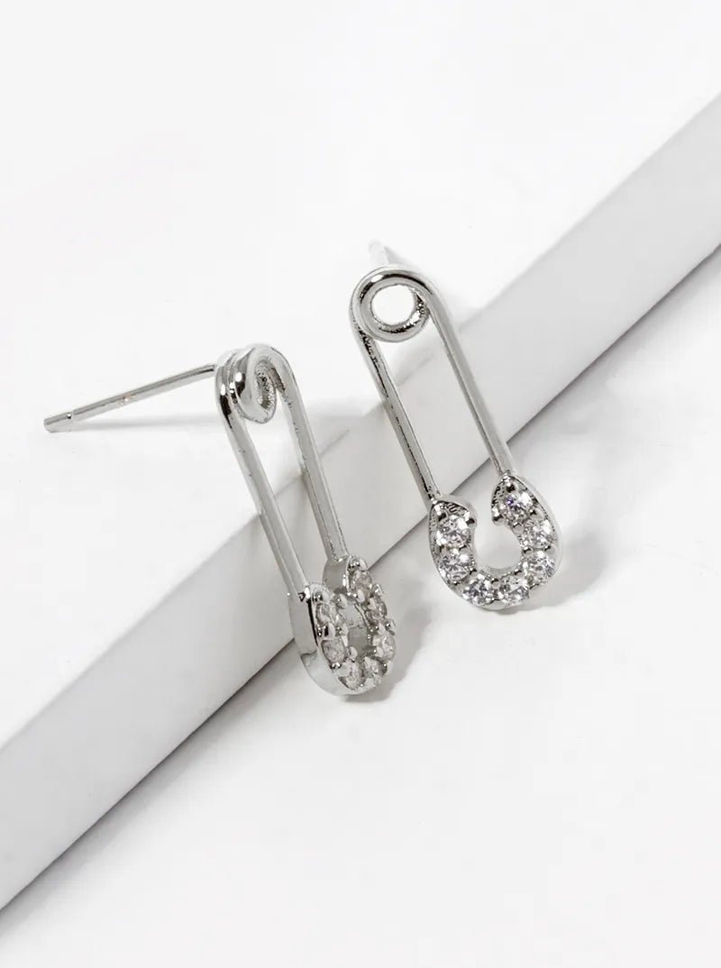 White Gold Dipped CZ Pave Safety Pin Stud Earrings