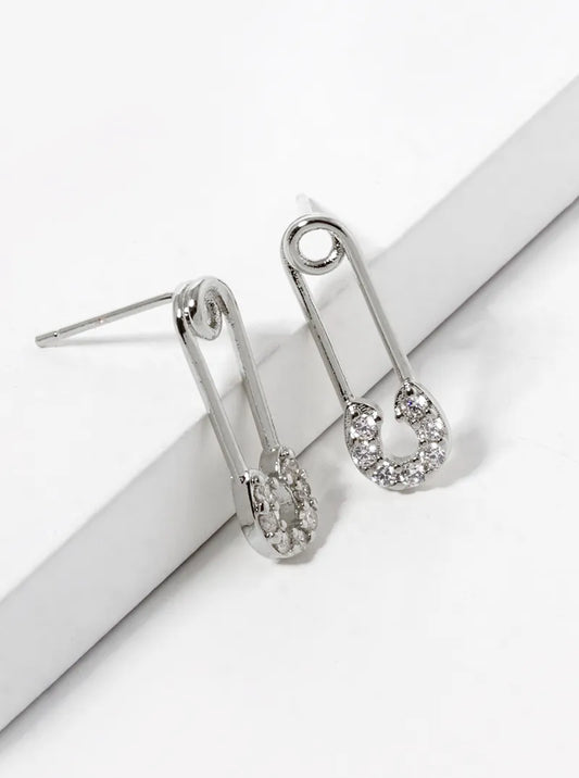 White Gold Dipped CZ Pave Safety Pin Stud Earrings