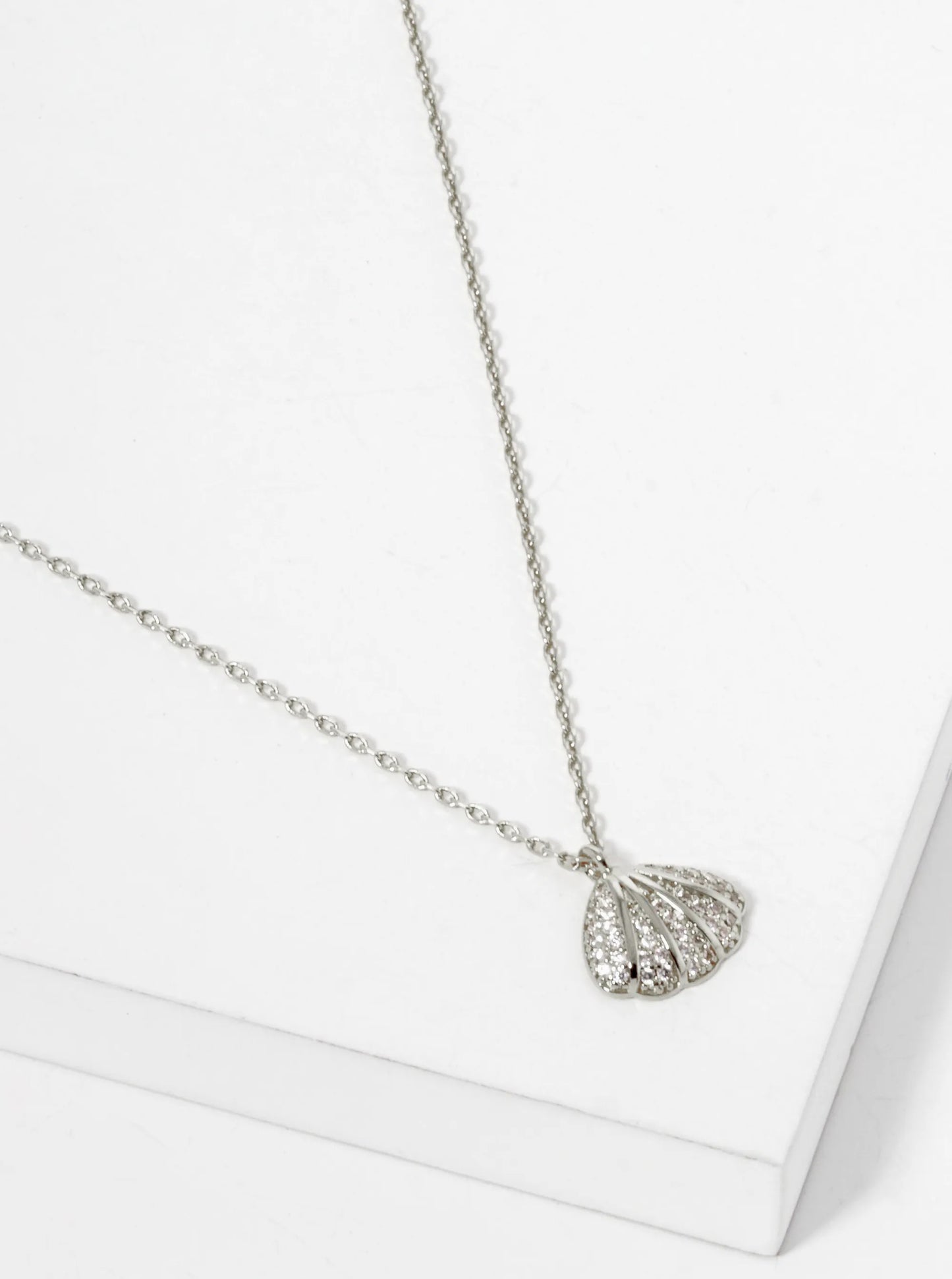 White Gold Dipped CZ Pave Seashell Pendant Necklace