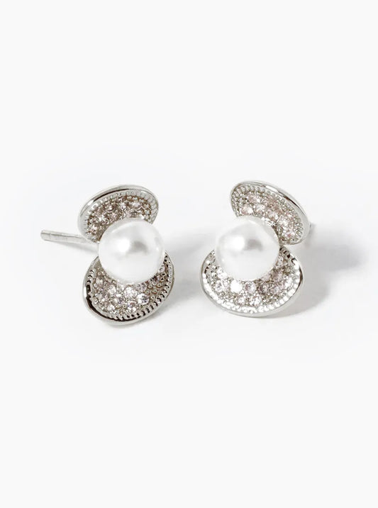 White Gold Dipped CZ Pave Shell With Pearls Stud Earrings