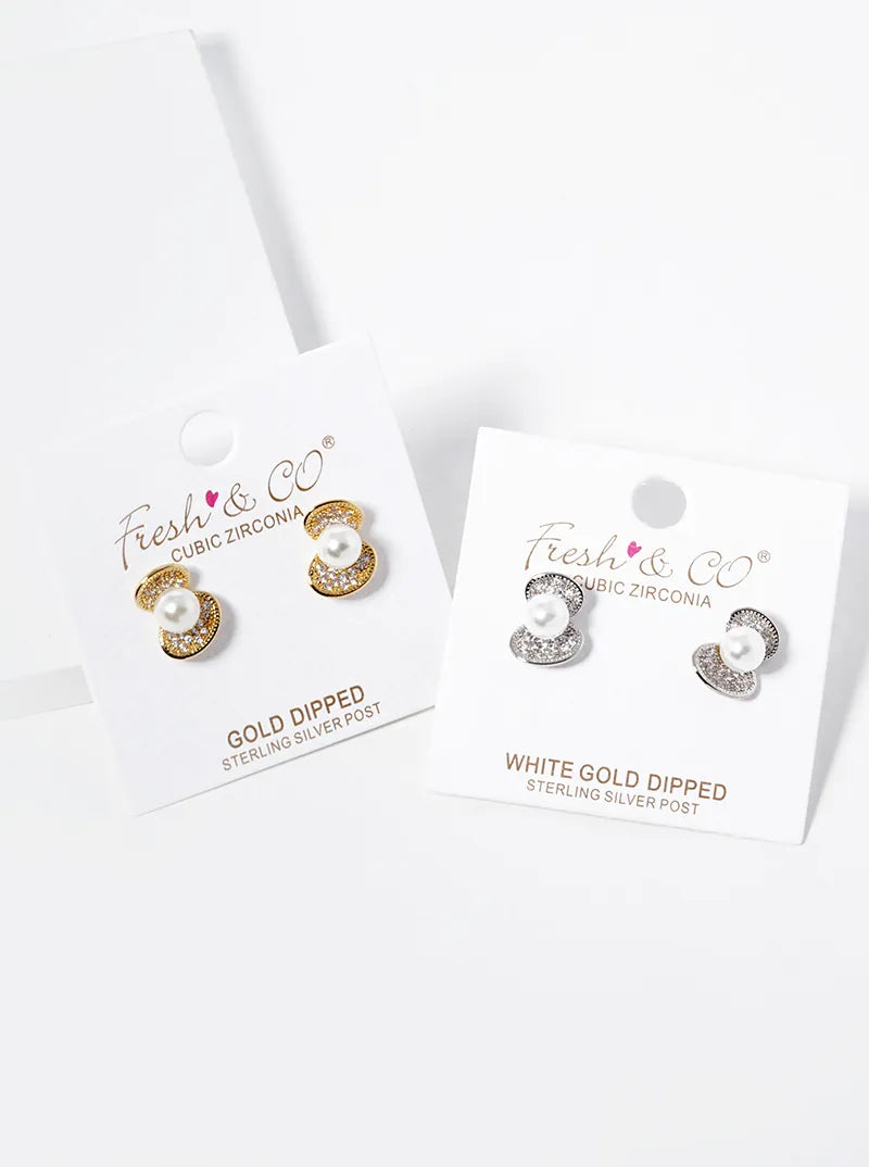 White Gold Dipped CZ Pave Shell With Pearls Stud Earrings