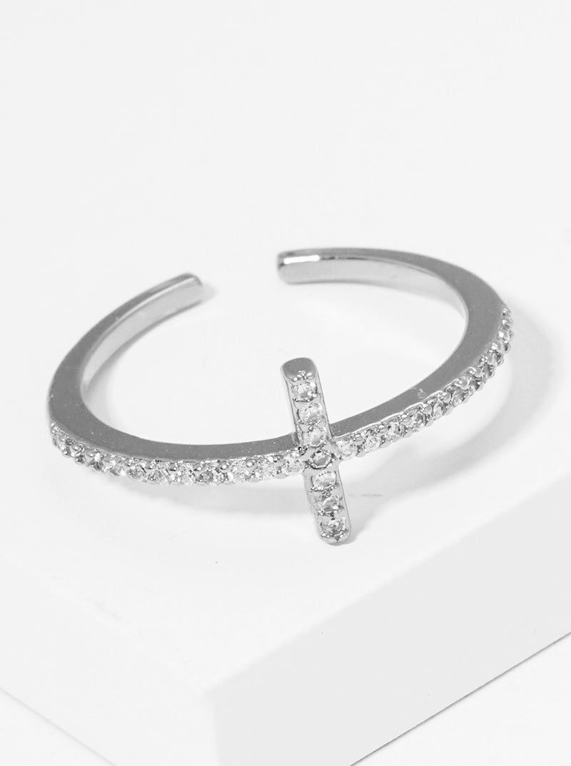 White Gold Dipped CZ Pave Sideways Cross Adjustable Cuff Ring