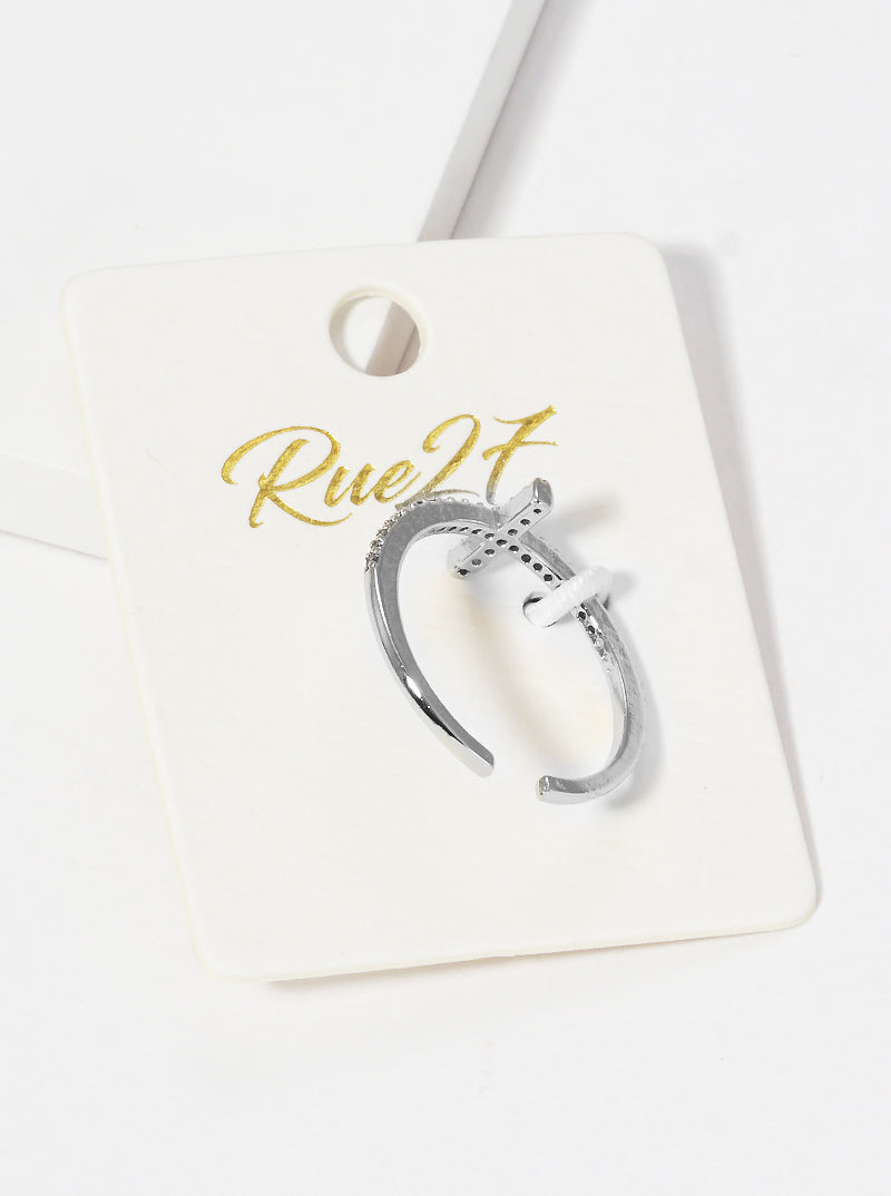 White Gold Dipped CZ Pave Sideways Cross Adjustable Cuff Ring