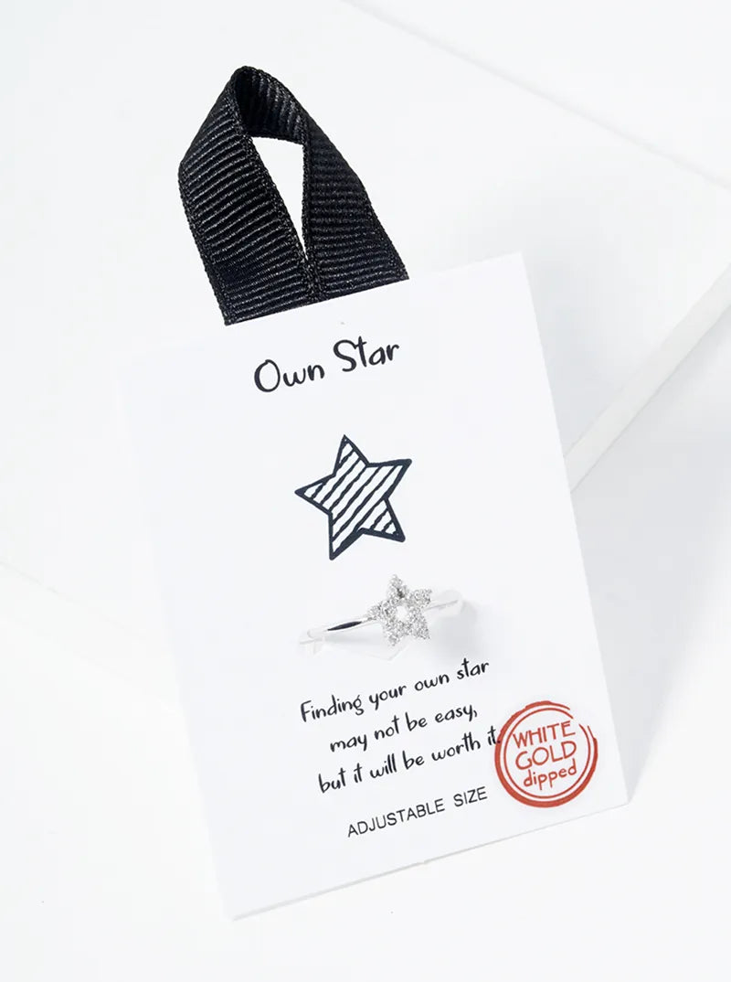 White Gold Dipped CZ Pave Star Adjustable Ring