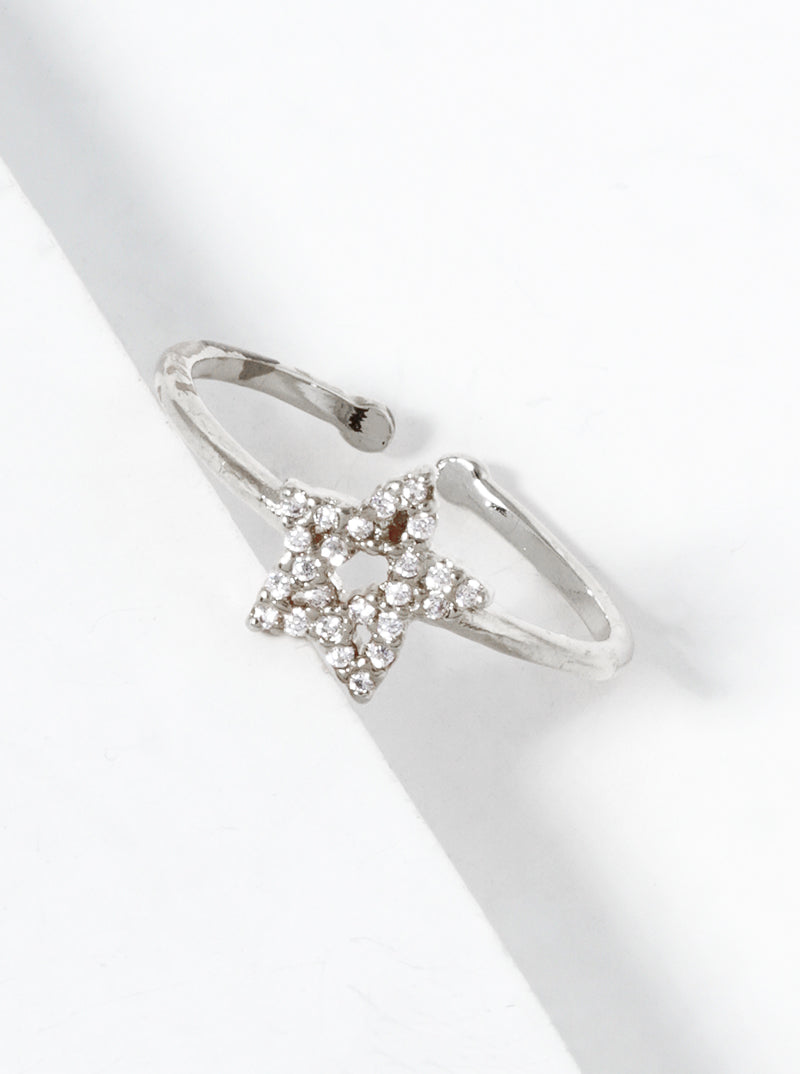 White Gold Dipped CZ Pave Star Adjustable Ring