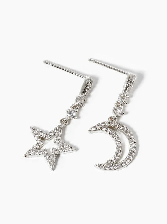 White Gold Dipped CZ Pave Star And Moon Drop Dangle Post Earrings