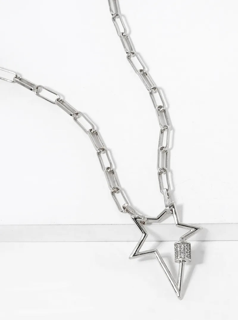 White Gold Dipped CZ Pave Star Pendant Chain Necklace