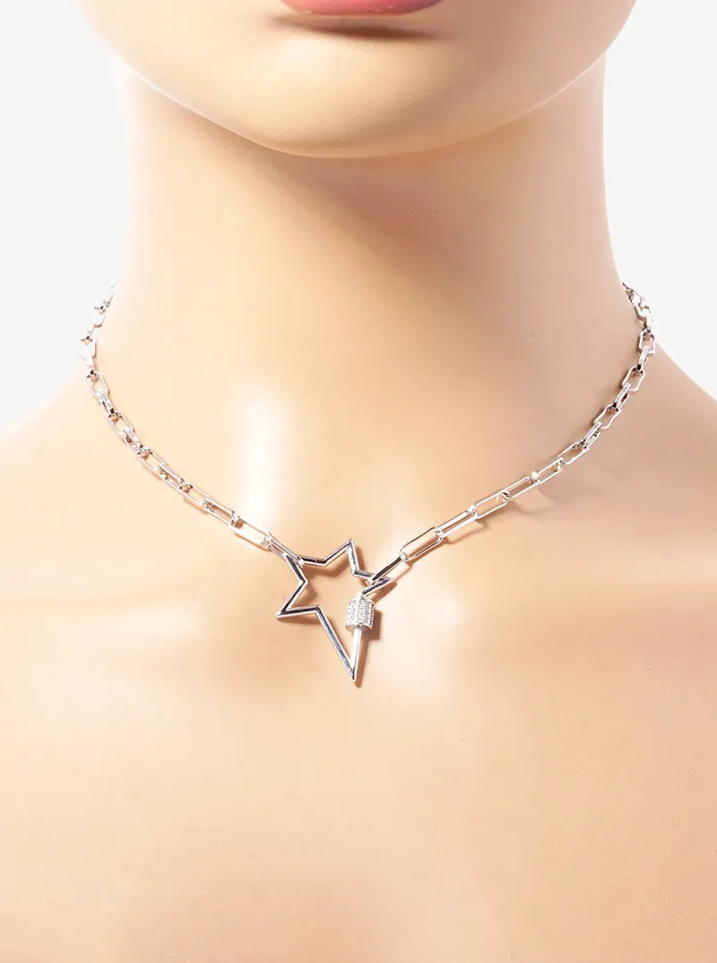 White Gold Dipped CZ Pave Star Pendant Chain Necklace