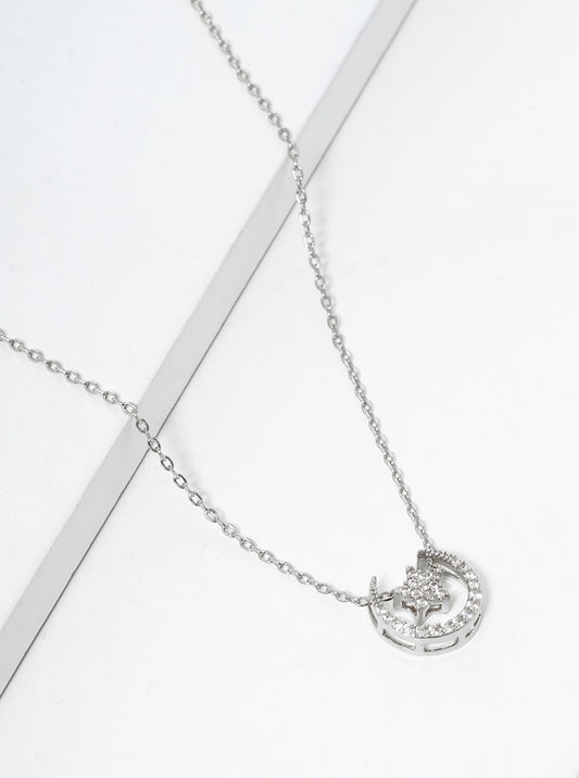 White Gold Dipped CZ Pave Star And Moon Pendant Necklace