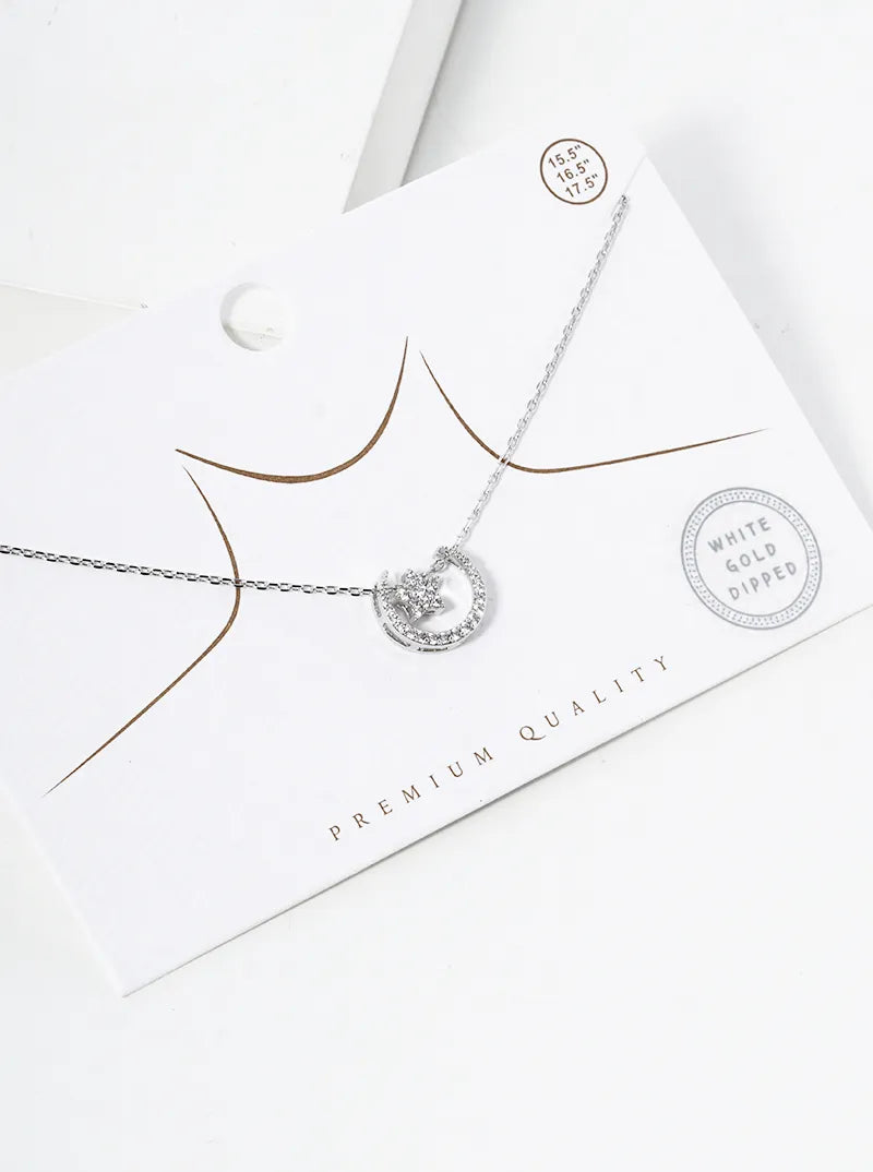 White Gold Dipped CZ Pave Star And Moon Pendant Necklace