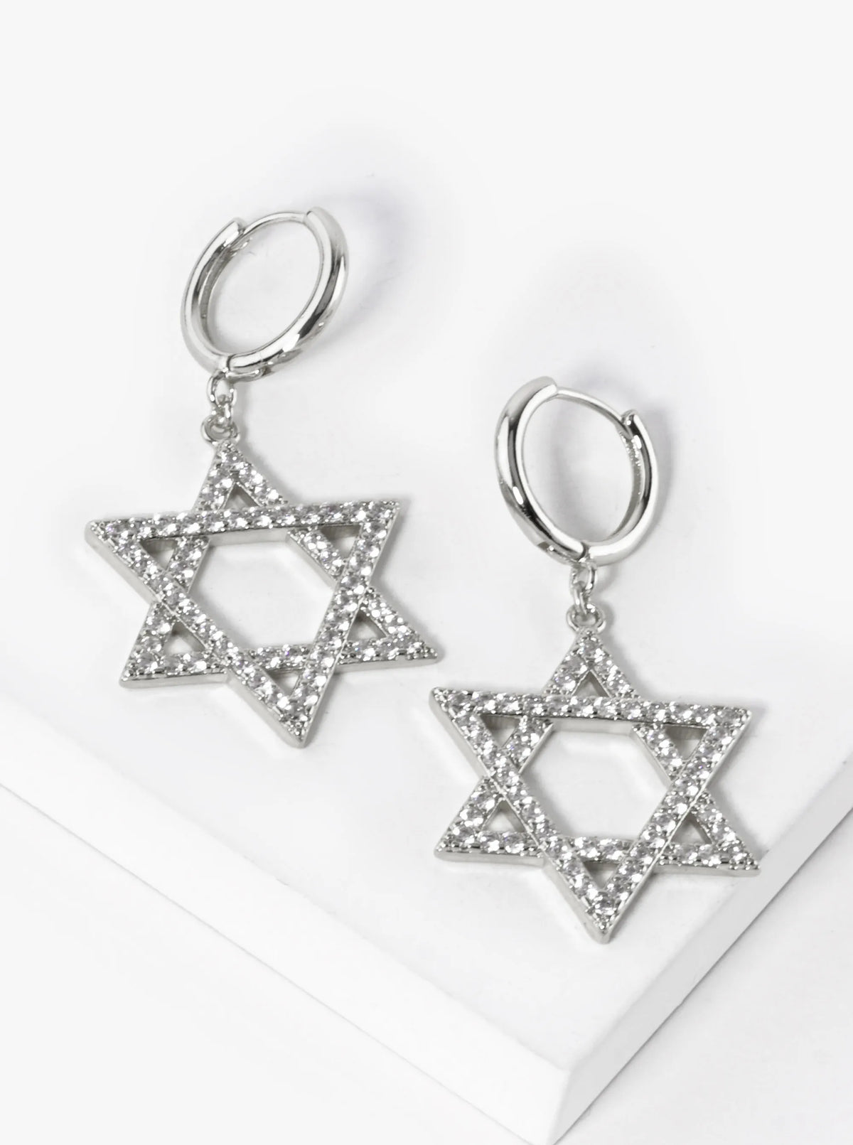 White Gold Dipped CZ Pave Star Of David Drop 12mm Huggie Hoop Earrings
