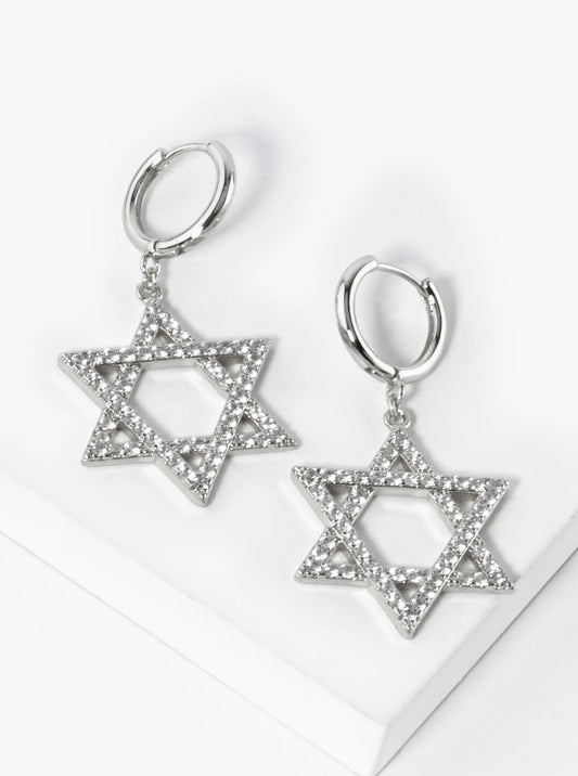 White Gold Dipped CZ Pave Star Of David Drop 12mm Huggie Hoop Earrings