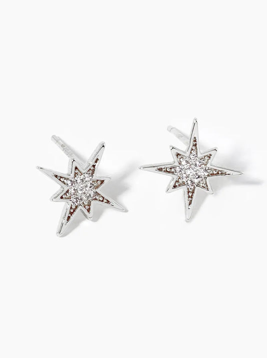 White Gold Dipped CZ Pave Starburst Post Stud Earrings