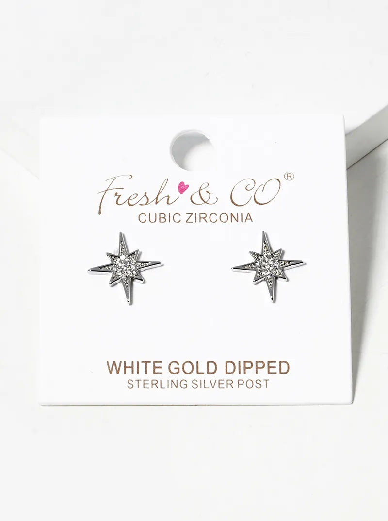 White Gold Dipped CZ Pave Starburst Post Stud Earrings