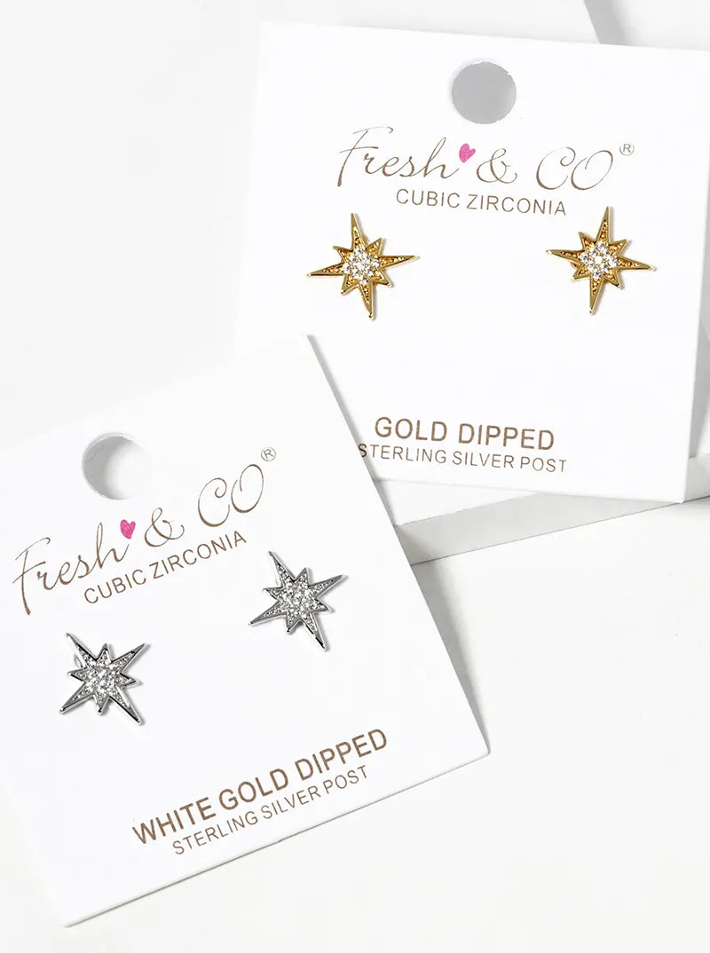 White Gold Dipped CZ Pave Starburst Post Stud Earrings
