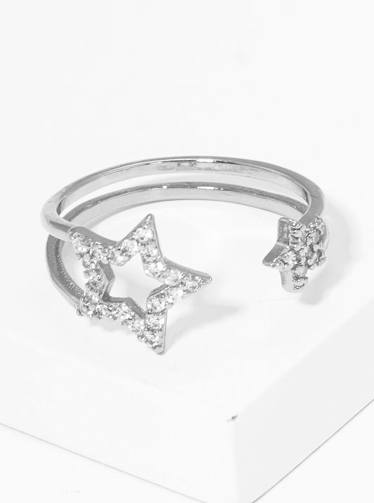 White Gold Dipped CZ Pave Stars Adjustable Cuff Ring