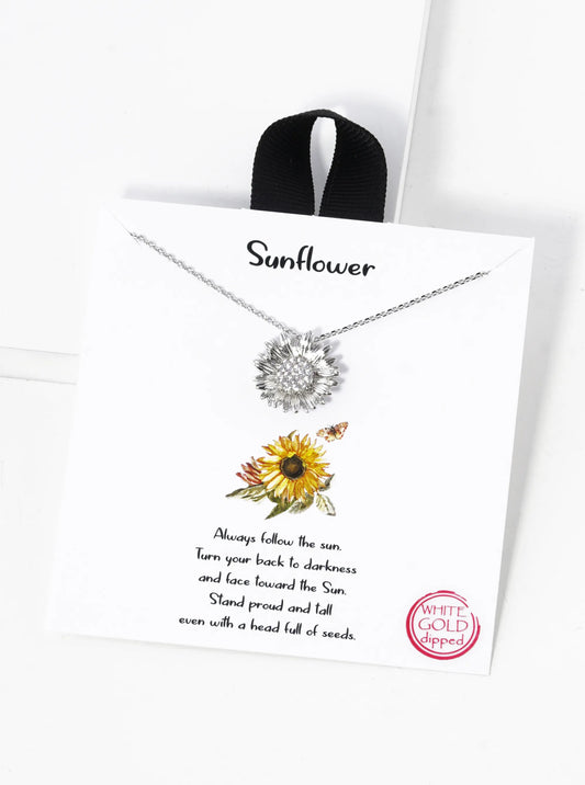 White Gold Dipped CZ Pave Sunflower Pendant Necklace