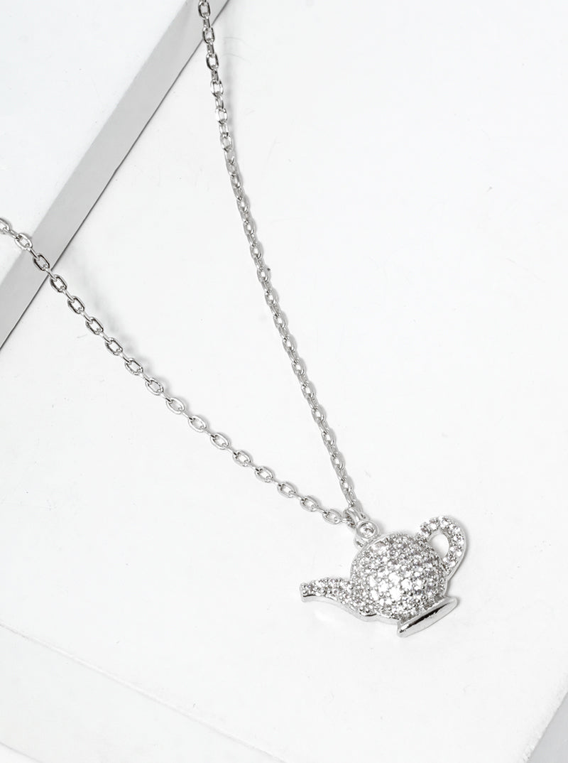White Gold Dipped CZ Pave Teapot Pendant Necklace