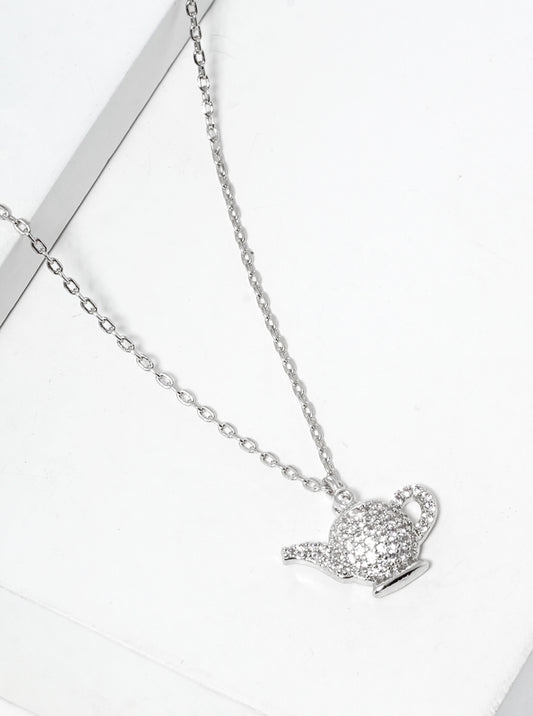 White Gold Dipped CZ Pave Teapot Pendant Necklace