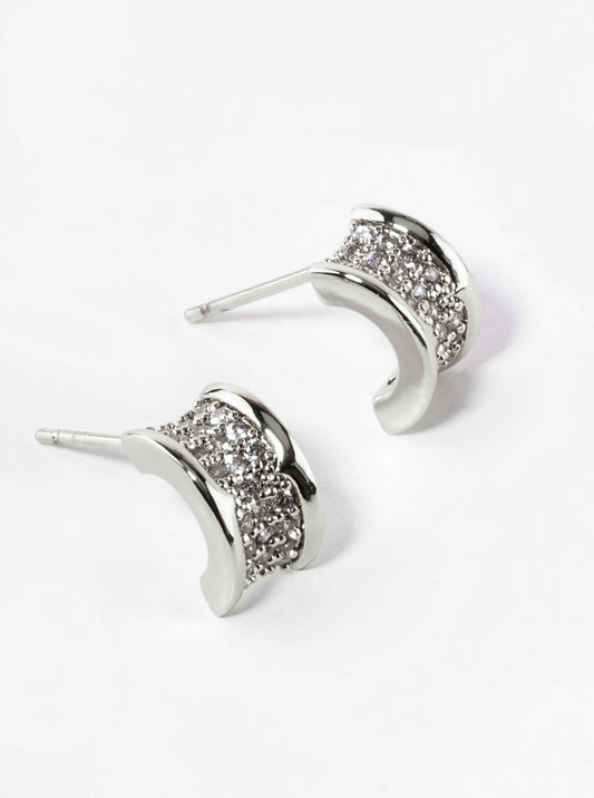 White Gold Dipped CZ Pave Tiny Half Circle Stud Earrings