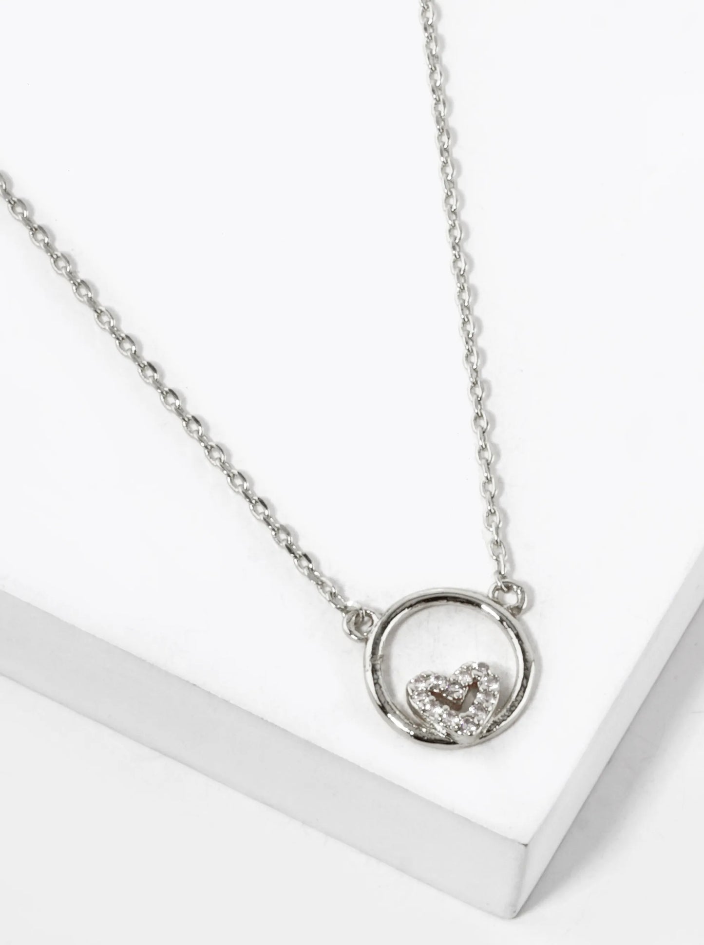 White Gold Dipped CZ Pave Tiny Heart In A Circle Pendant Necklace