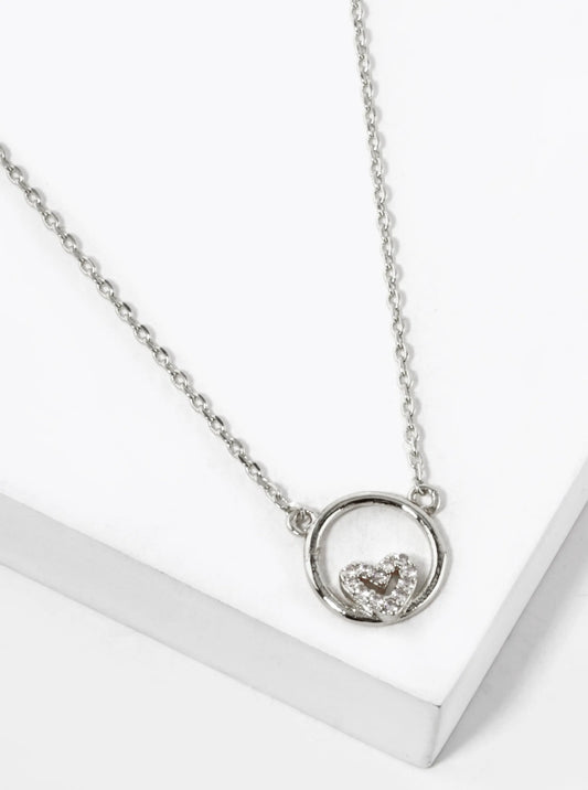 White Gold Dipped CZ Pave Tiny Heart In A Circle Pendant Necklace