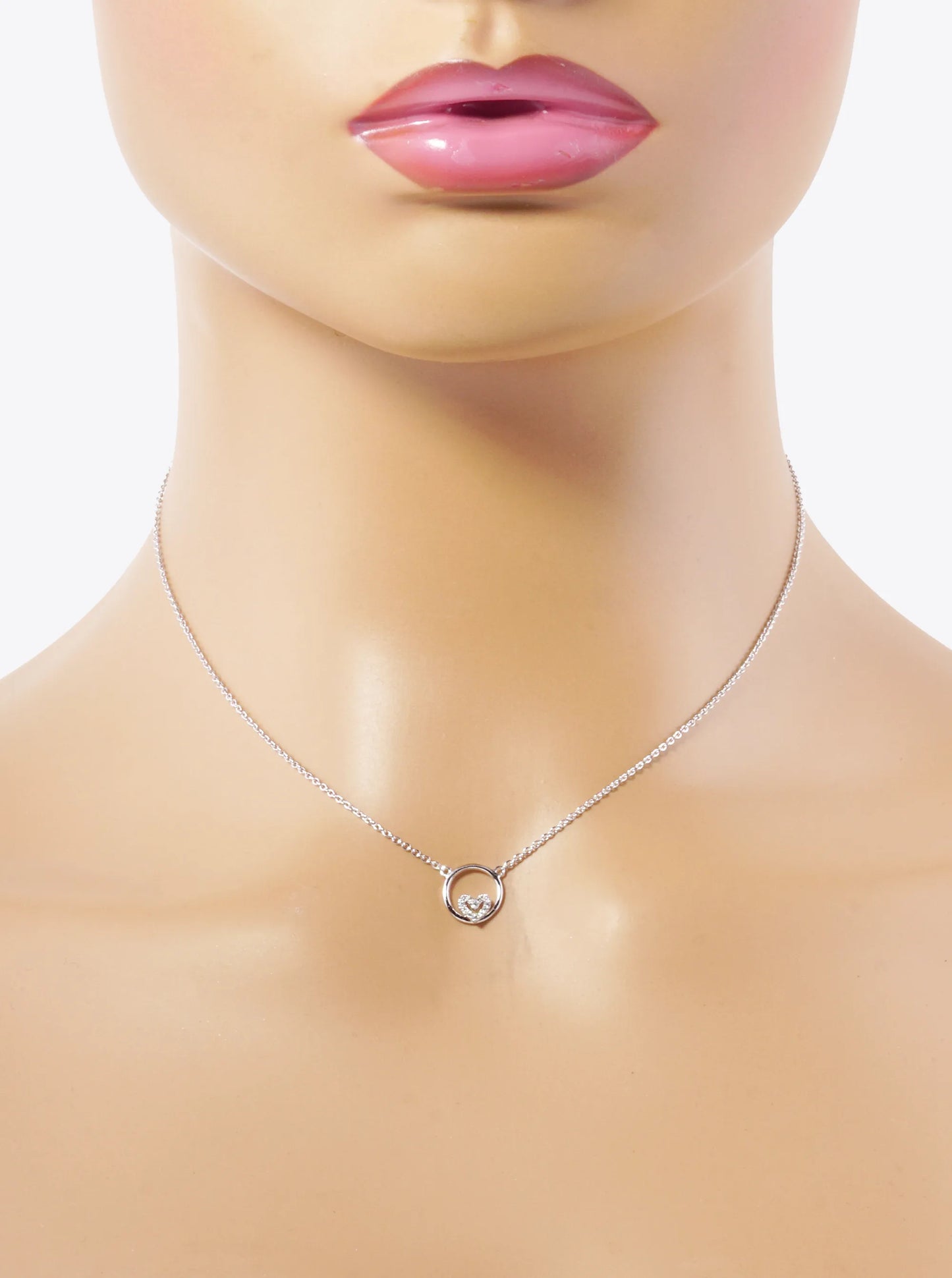 White Gold Dipped CZ Pave Tiny Heart In A Circle Pendant Necklace