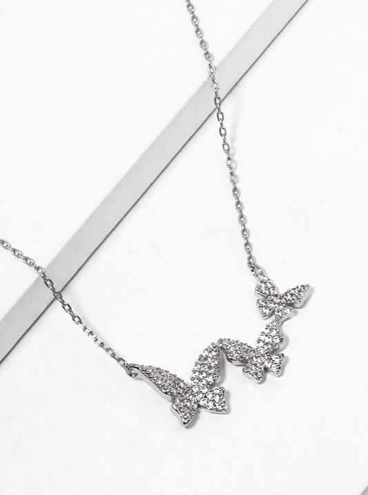 White Gold Dipped CZ Pave Tri Butterfly Pendant Necklace