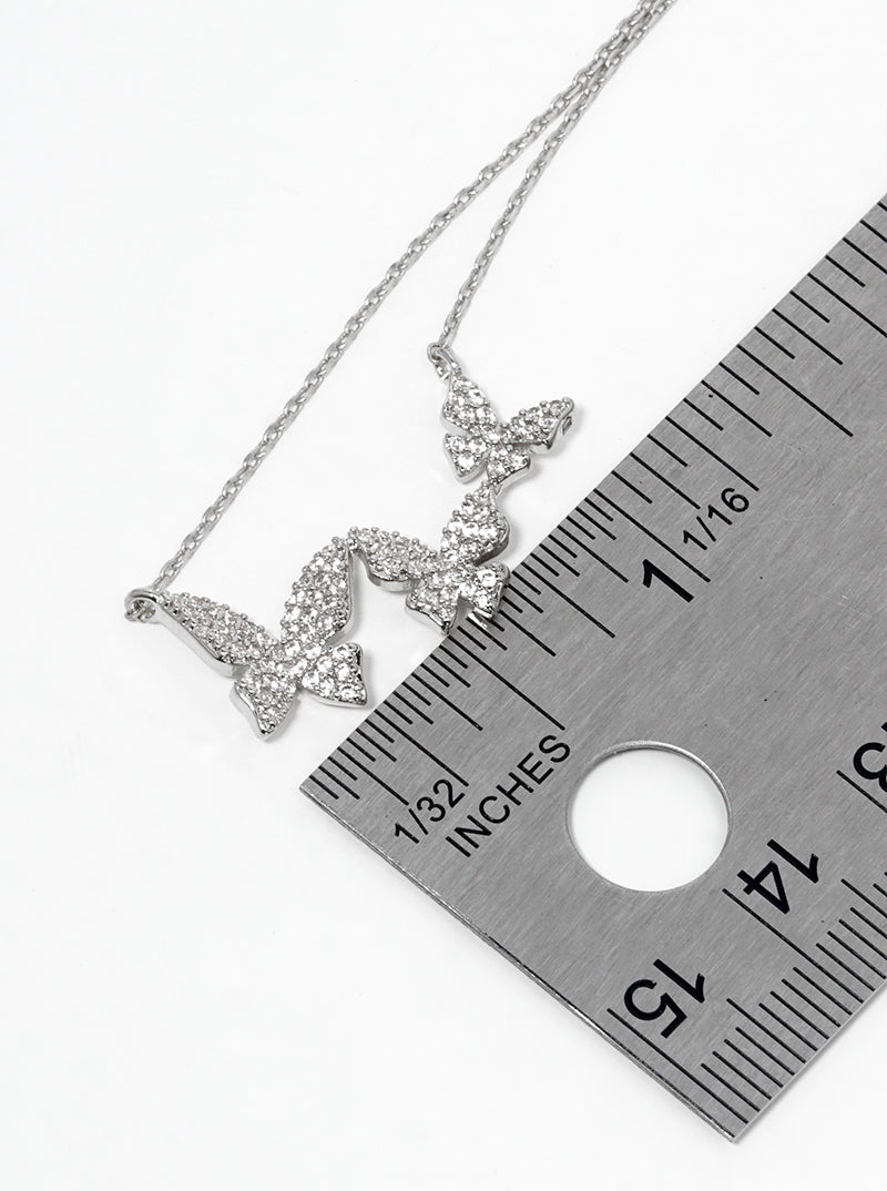 White Gold Dipped CZ Pave Tri Butterfly Pendant Necklace