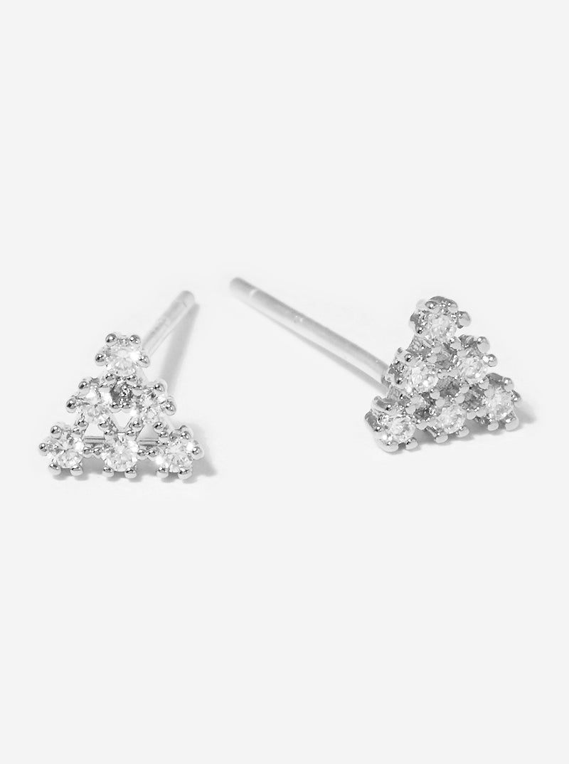 White Gold Dipped CZ Pave Triangle Sterling Silver Post Stud Earrings