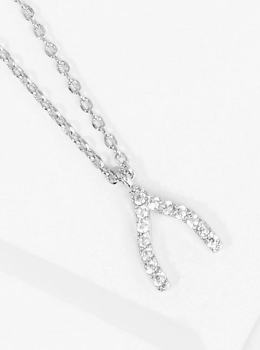 White Gold Dipped CZ Pave Wishbone Pendant Delicate Necklace