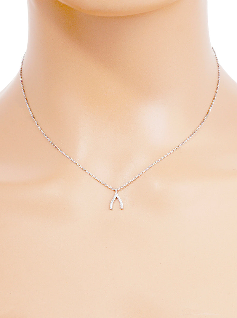 White Gold Dipped CZ Pave Wishbone Pendant Delicate Necklace