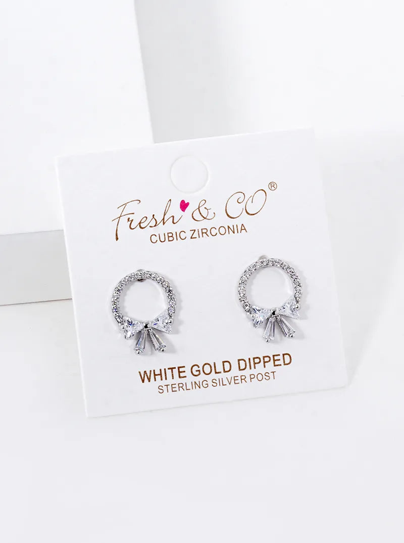 White Gold Dipped CZ Pave Wreath Stud Earrings