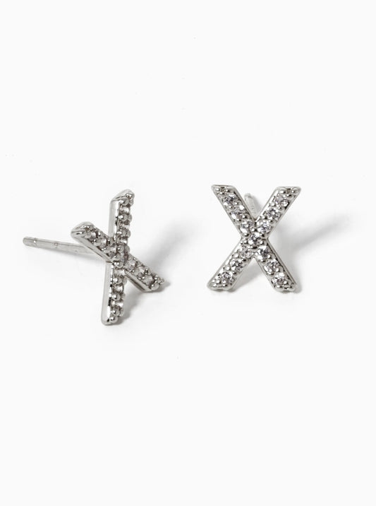 White Gold Dipped CZ Pave X Shape Stud Earrings