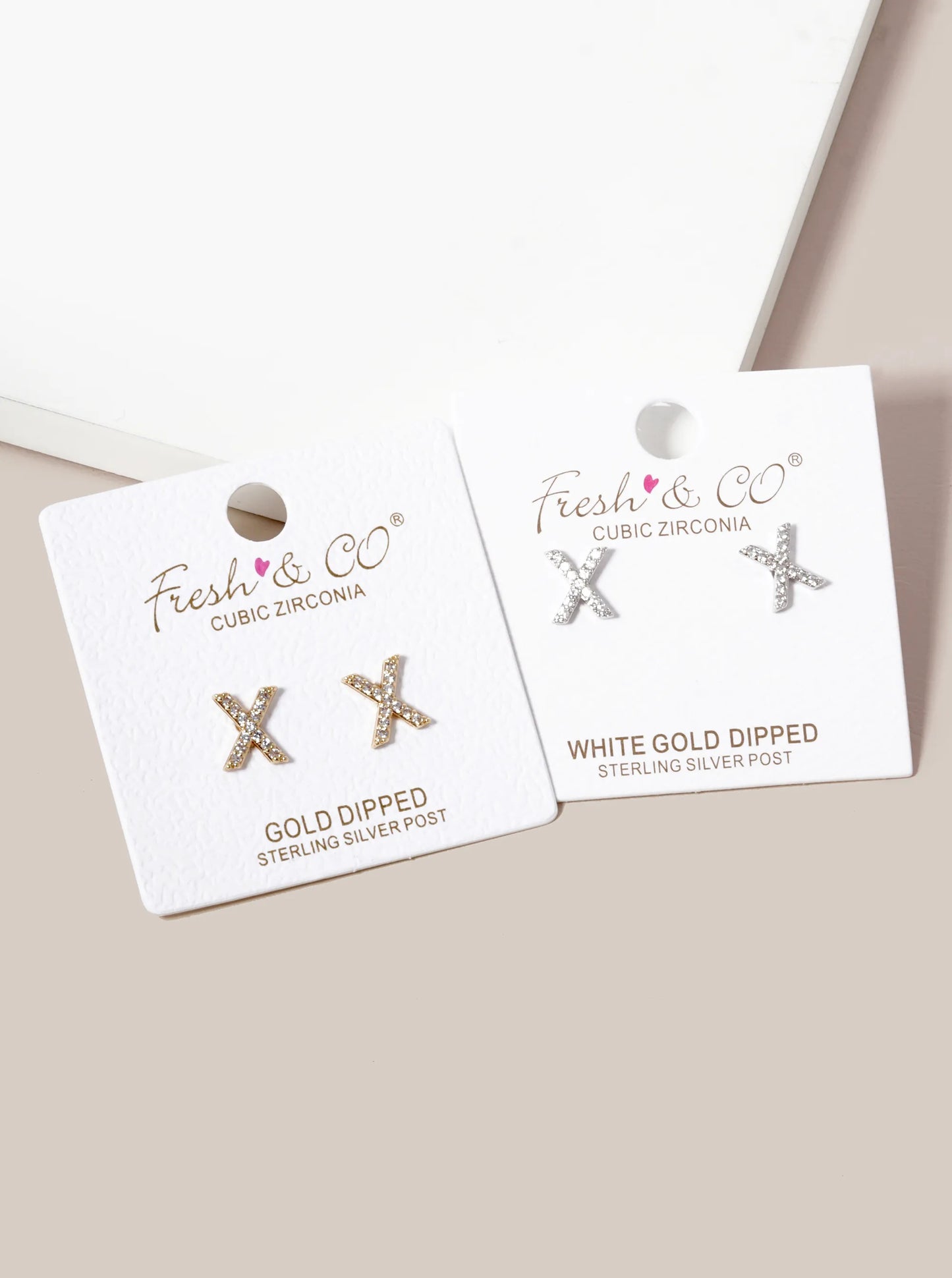 White Gold Dipped CZ Pave X Shape Stud Earrings