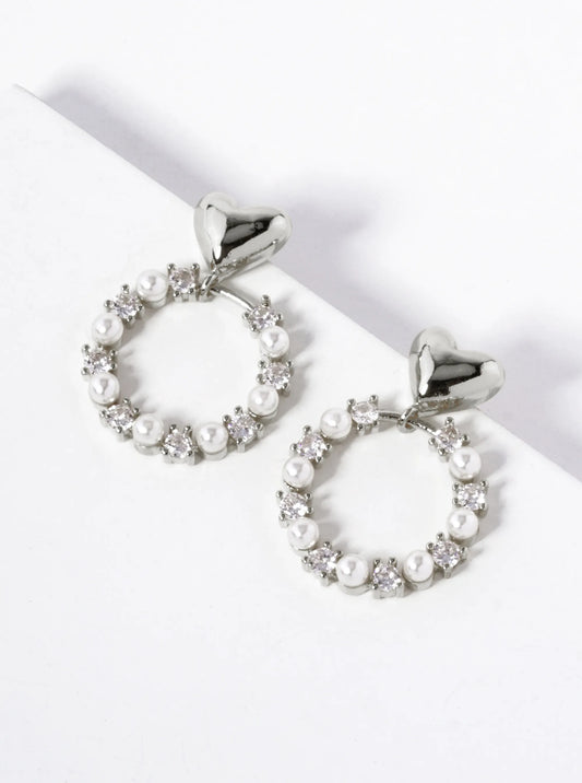 White Gold Dipped CZ Pearl Beaded Circle Drop Heart Dangle Earrings