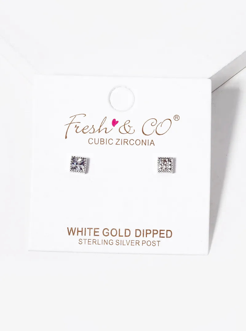 White Gold Dipped CZ Princess Stud Earrings