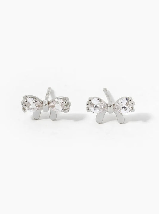 White Gold Dipped CZ Ribbon Bow Stud Earrings