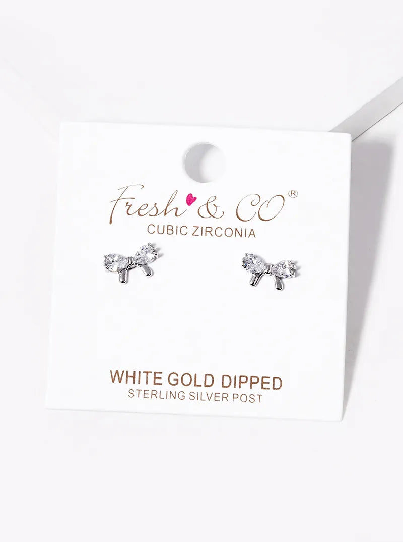 White Gold Dipped CZ Ribbon Bow Stud Earrings