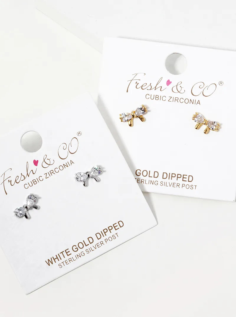 White Gold Dipped CZ Ribbon Bow Stud Earrings