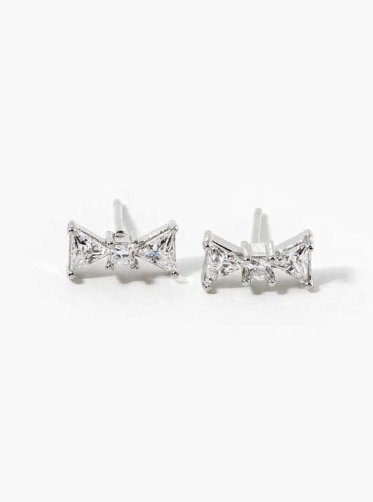 White Gold Dipped CZ Ribbon Bow Stud Earrings