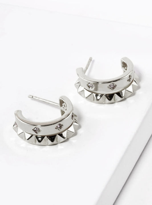 White Gold Dipped CZ Spiked 15mm Hoop Earrings