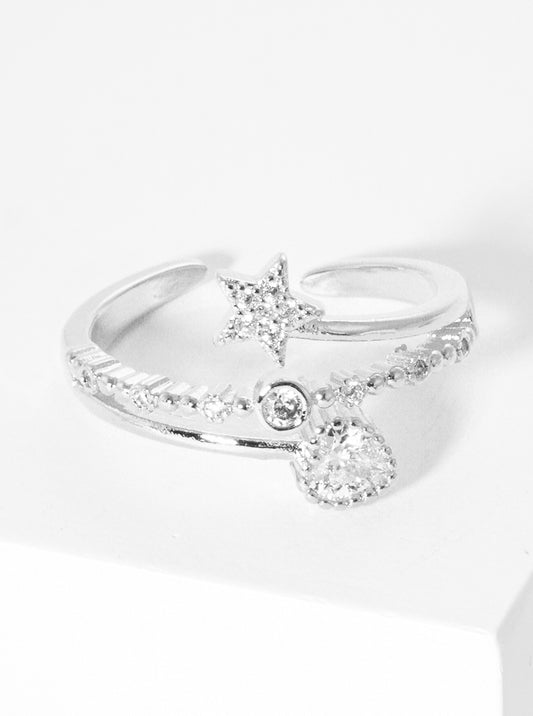 White Gold Dipped CZ Star And Heart Adjustable Cuff Ring