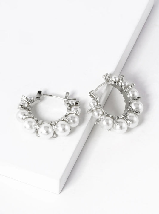 White Gold Dipped CZ Stone Pearl Beaded 15mm Hoop Earrings